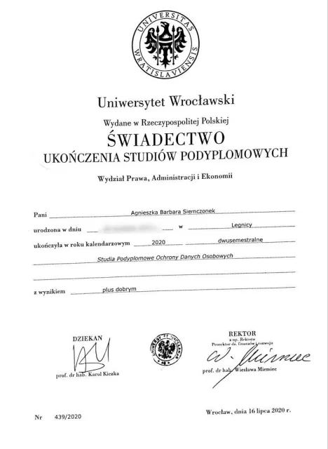 Studia podyplomowe Ochrony Danych Osobowych (dwusemestralne, wynik plus dobry) — Agnieszka Siemczonek