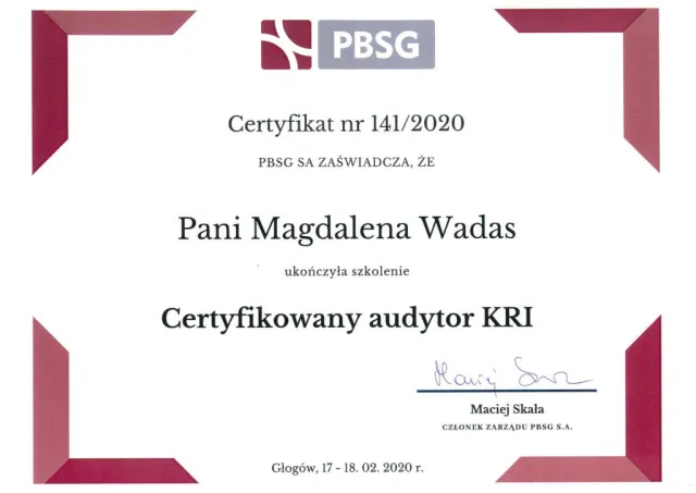 Certyfikowany audytor KRI — Magdalena Wadas