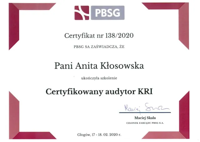 Certyfikowany audytor KRI — Anita Kłosowska