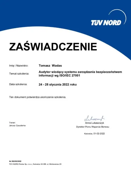 Audytor wiodący systemu zarządzania bezpieczeństwem informacji wg ISO/IEC 27001 (szkolenie) — Tomasz Wadas