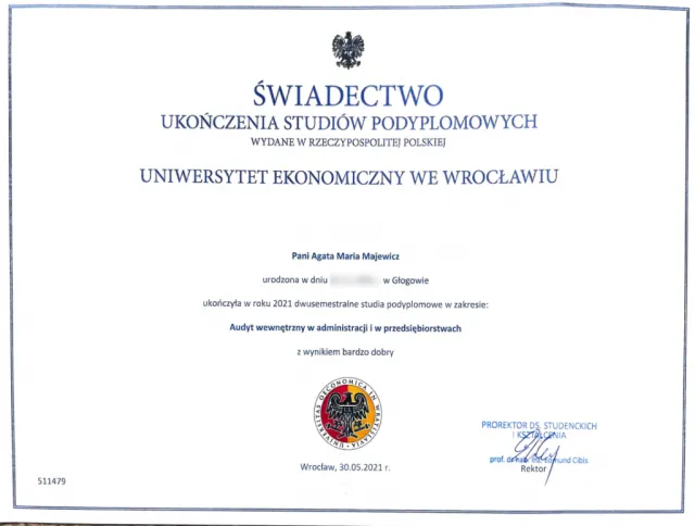 Studia podyplomowe „Audyt wewnętrzny w administracji i w przedsiębiorstwach” (wynik bardzo dobry) — Agata Majewicz
