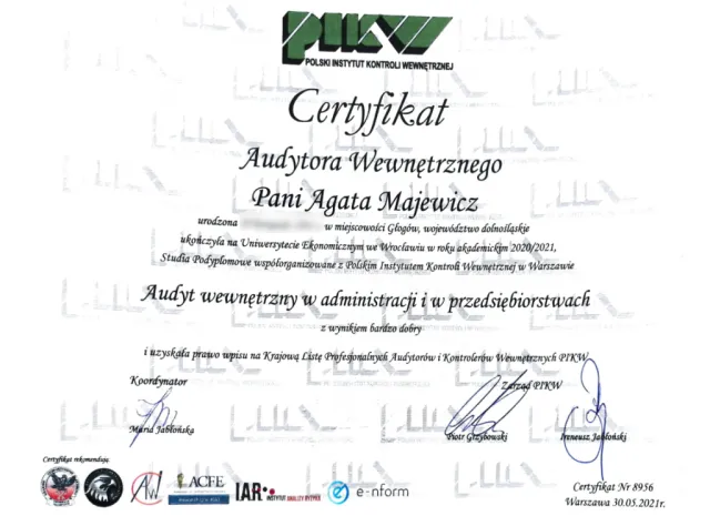 Certyfikat Audytora Wewnętrznego (po studiach podyplomowych „Audyt wewnętrzny w administracji i w przedsiębiorstwach”) — Agata Majewicz