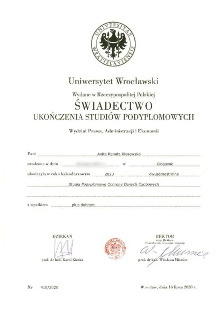 Studia podyplomowe Ochrony Danych Osobowych (dwusemestralne, wynik plus dobry) — Anita Kłosowska