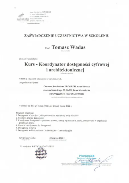 Kurs — Koordynator dostępności cyfrowej i architektonicznej (12 godz.) — Tomasz Wadas