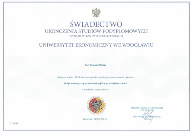 Studia podyplomowe „Audyt wewnętrzny w administracji i w przedsiębiorstwach” (wynik bardzo dobry) — Tomasz Wadas