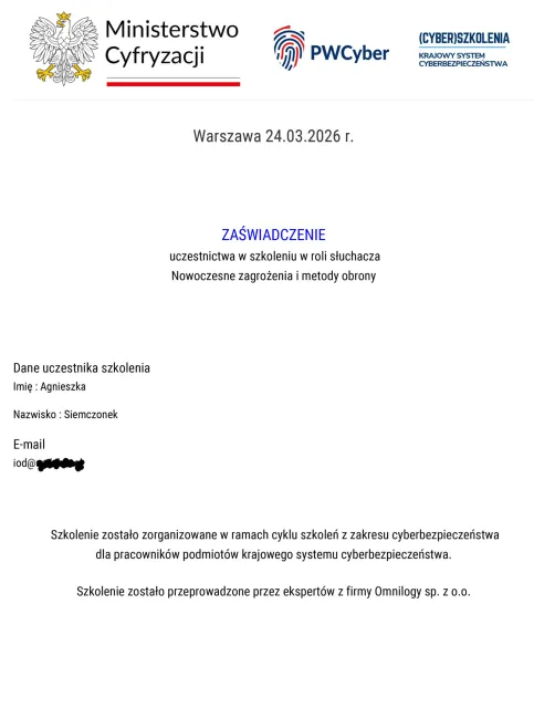 Nowoczesne zagrożenia i metody obrony (szkolenie w roli słuchacza, cykl szkoleń z cyberbezpieczeństwa dla podmiotów KSC) — Agnieszka Siemczonek