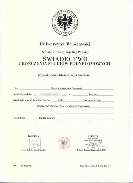 Studia podyplomowe Ochrony Danych Osobowych (dwusemestralne, wynik bardzo dobry) — Elżbieta Domagała