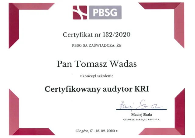 Certyfikowany audytor KRI — Tomasz Wadas