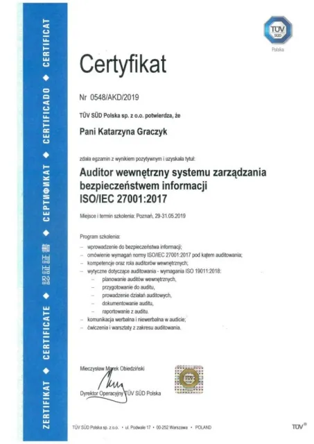 Auditor wewnętrzny systemu zarządzania bezpieczeństwem informacji ISO/IEC 27001:2017 — Katarzyna Graczyk