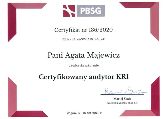 Certyfikowany audytor KRI — Agata Majewicz