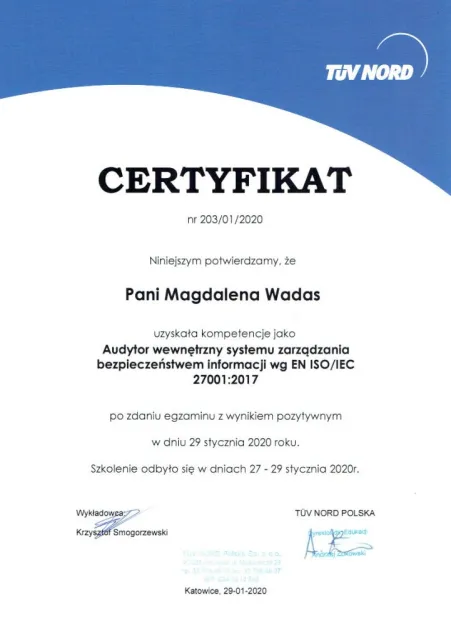 Audytor wewnętrzny systemu zarządzania bezpieczeństwem informacji wg EN ISO/IEC 27001:2017 — Magdalena Wadas