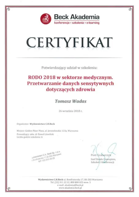 RODO 2018 w sektorze medycznym. Przetwarzanie danych sensytywnych dotyczących zdrowia (6 godz.) — Tomasz Wadas