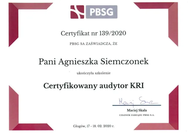 Certyfikowany audytor KRI — Agnieszka Siemczonek