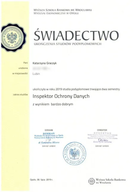 Studia podyplomowe Inspektor Ochrony Danych (dwusemestralne, wynik bardzo dobry) — Katarzyna Graczyk