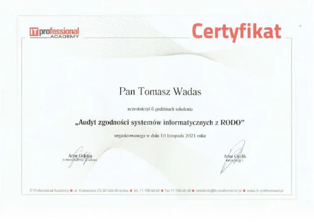 Audyt zgodności systemów informatycznych z RODO (6 godz.) — Tomasz Wadas
