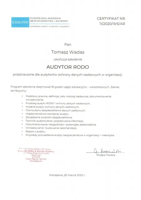 Audytor RODO (szkolenie dla audytorów ochrony danych osobowych, 16 godz.) — Tomasz Wadas