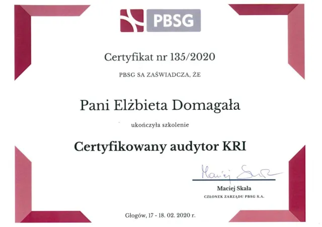 Certyfikowany audytor KRI — Elżbieta Domagała