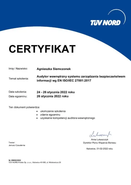 Audytor wewnętrzny systemu zarządzania bezpieczeństwem informacji wg EN ISO/IEC 27001:2017 — Agnieszka Siemczonek