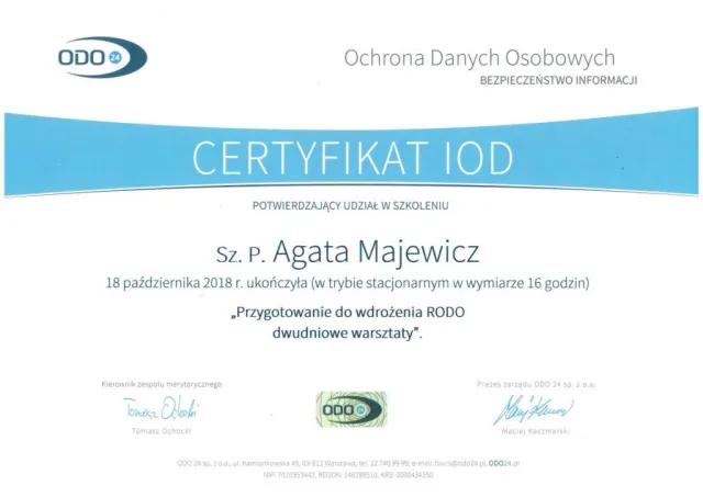 Przygotowanie do wdrożenia RODO — dwudniowe warsztaty (16 godz., stacjonarnie) — Agata Majewicz