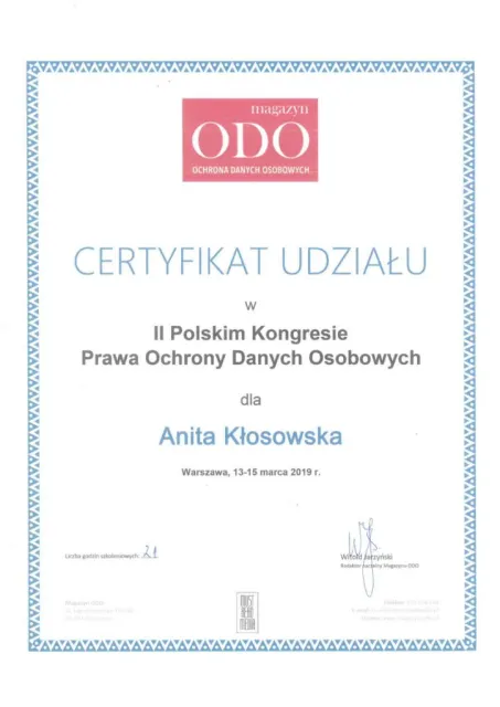Udział w II Polskim Kongresie Prawa Ochrony Danych Osobowych (21 godz. szkoleniowych) — Anita Kłosowska