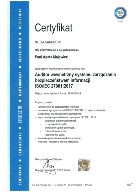 Auditor wewnętrzny systemu zarządzania bezpieczeństwem informacji ISO/IEC 27001:2017 — Agata Majewicz