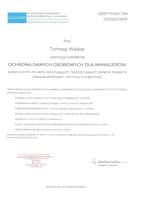 Ochrona danych osobowych dla managerów — Tomasz Wadas