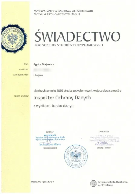 Studia podyplomowe Inspektor Ochrony Danych (dwusemestralne, wynik bardzo dobry) — Agata Majewicz
